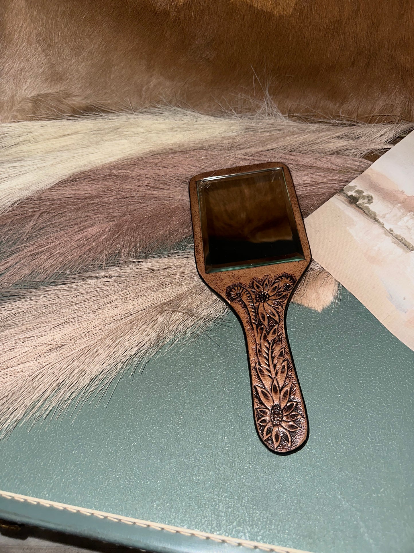 Square White and Brown Hide Hand Mirror With Tooled Leather
