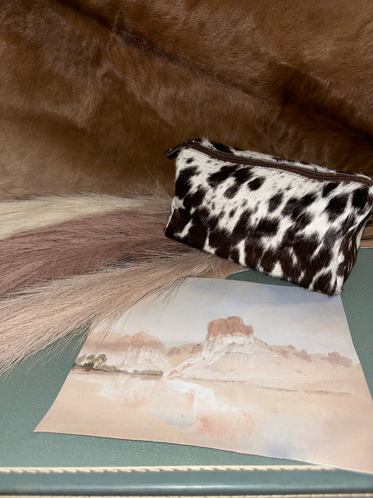 Cowhide Small Makeup Bag in Brown and White Specs