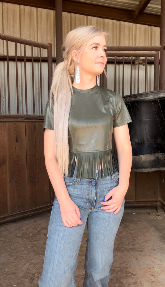 Olive Green Fringe Top