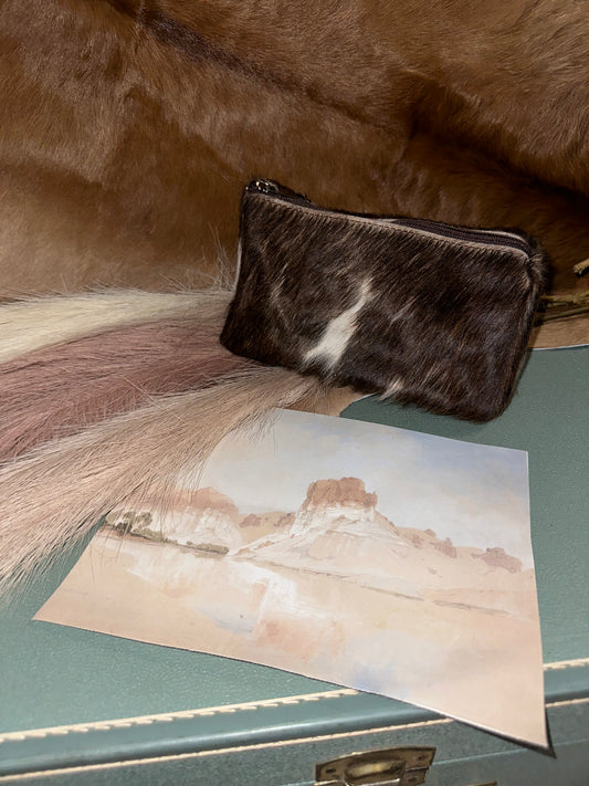 Cowhide Small Makeup Bag in Brown and White