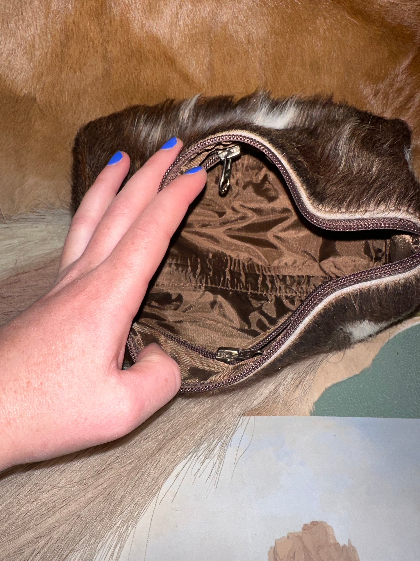 Cowhide Small Makeup Bag in Brown and White