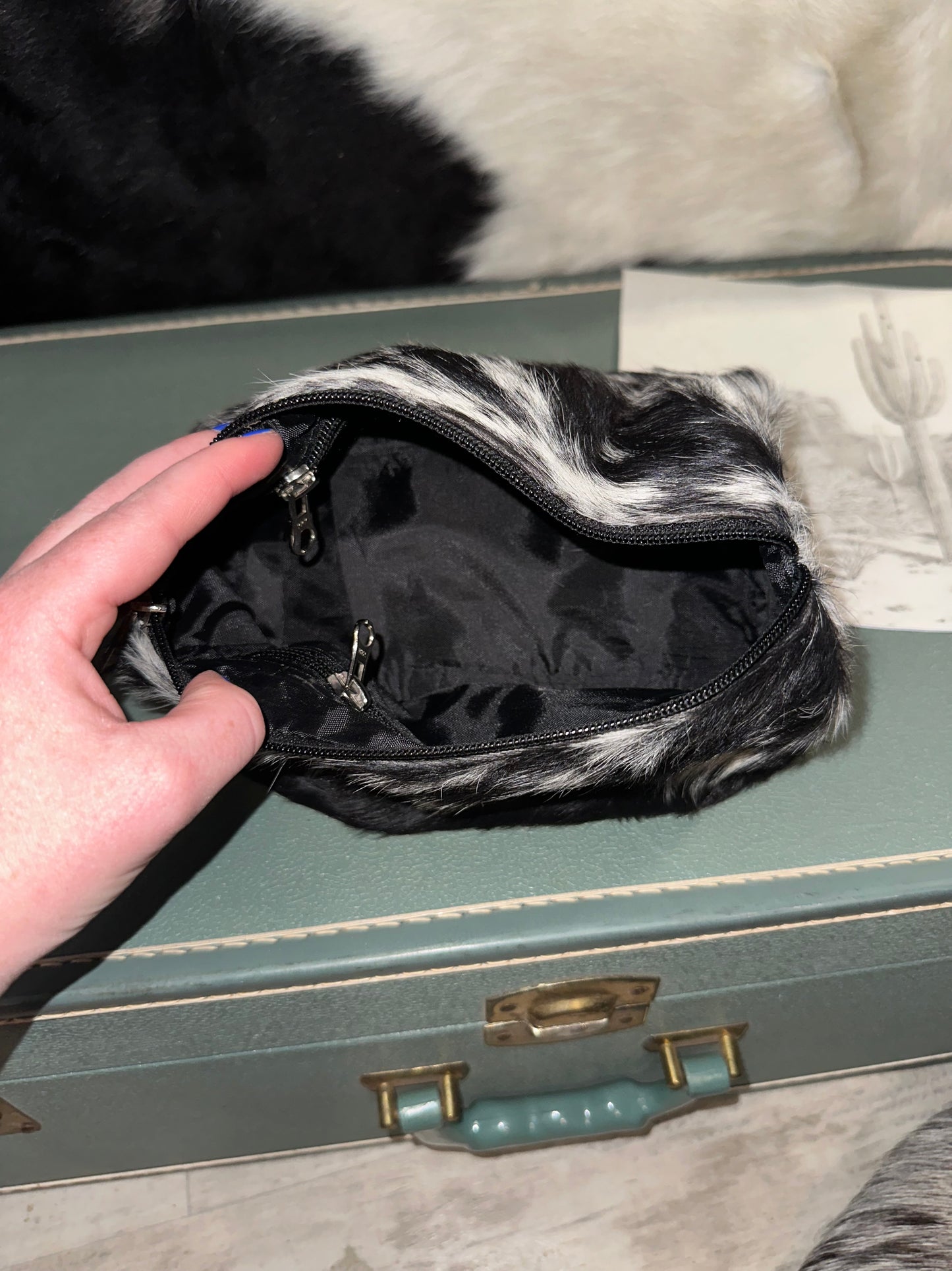 Cowhide Small Makeup Bag in Salt and Pepper