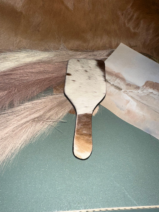 Square White and Brown Hide Hand Mirror With Tooled Leather