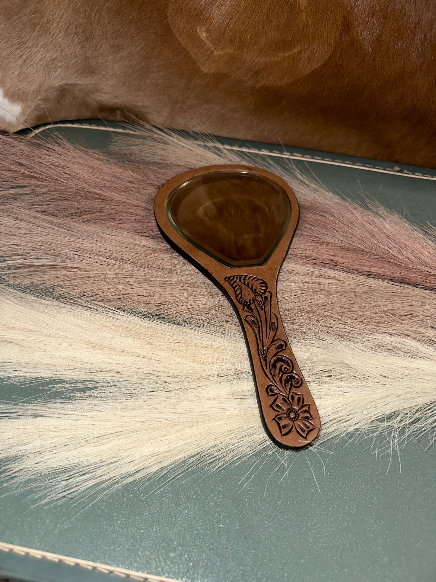 Round Chocolate and White Hide Hand Mirror With Tooled Leather