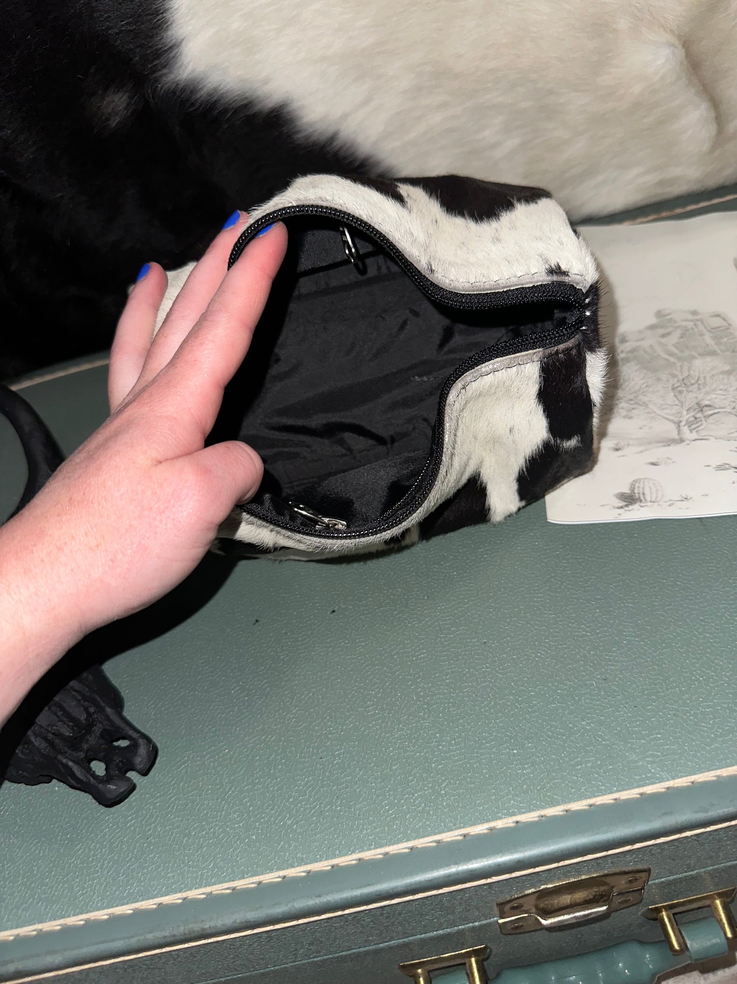 Cowhide Small Makeup Bag in Black and White