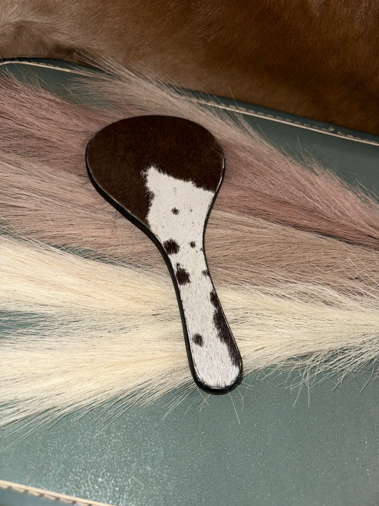 Round Chocolate and White Hide Hand Mirror With Tooled Leather