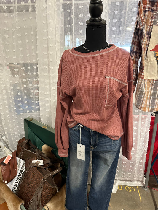 Round Neck Long Sleeve Knit Top - Wine