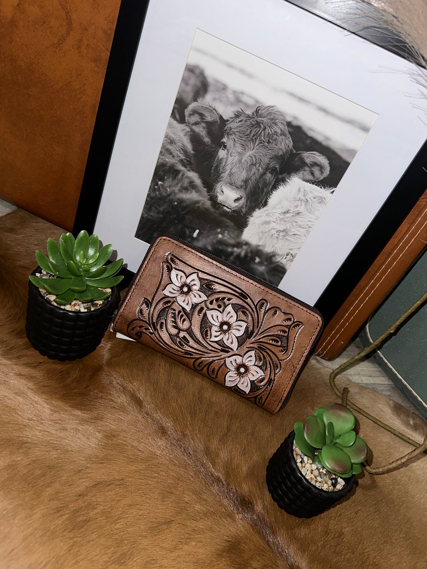 White Flower Tooled Leather Wallet