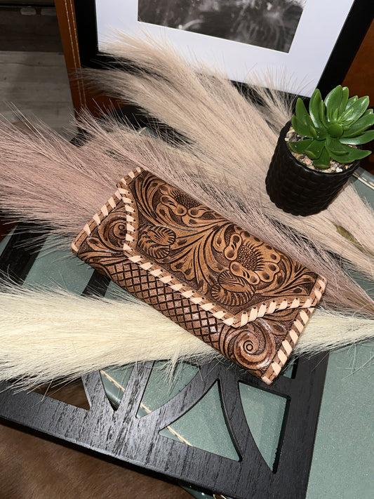 Floral Tooled Leather Wallet With Tan Buckstitch