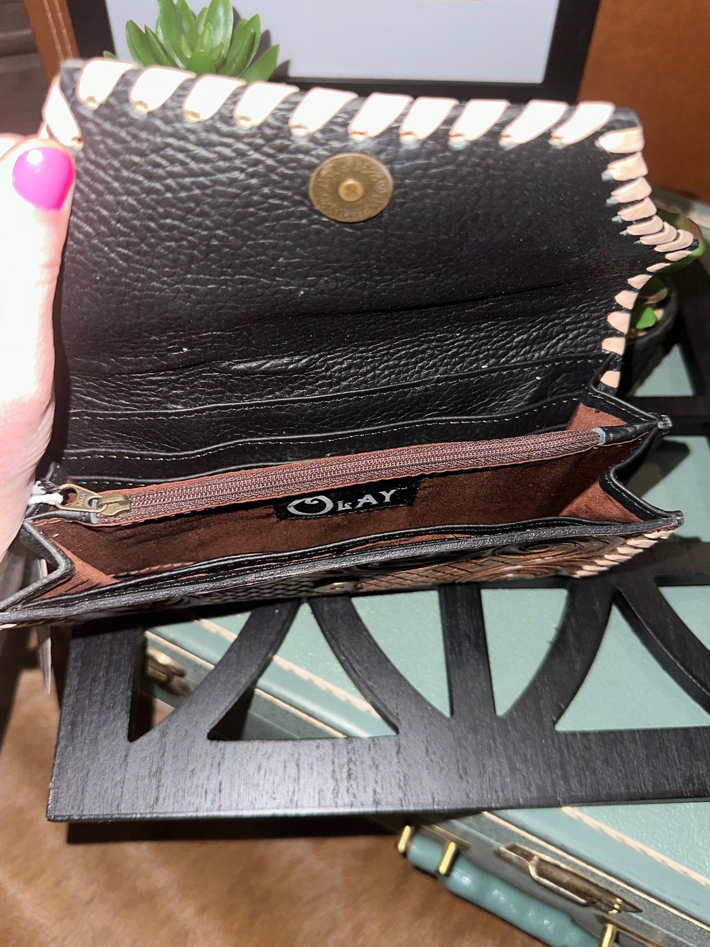 Floral Tooled Leather Wallet With Tan Buckstitch