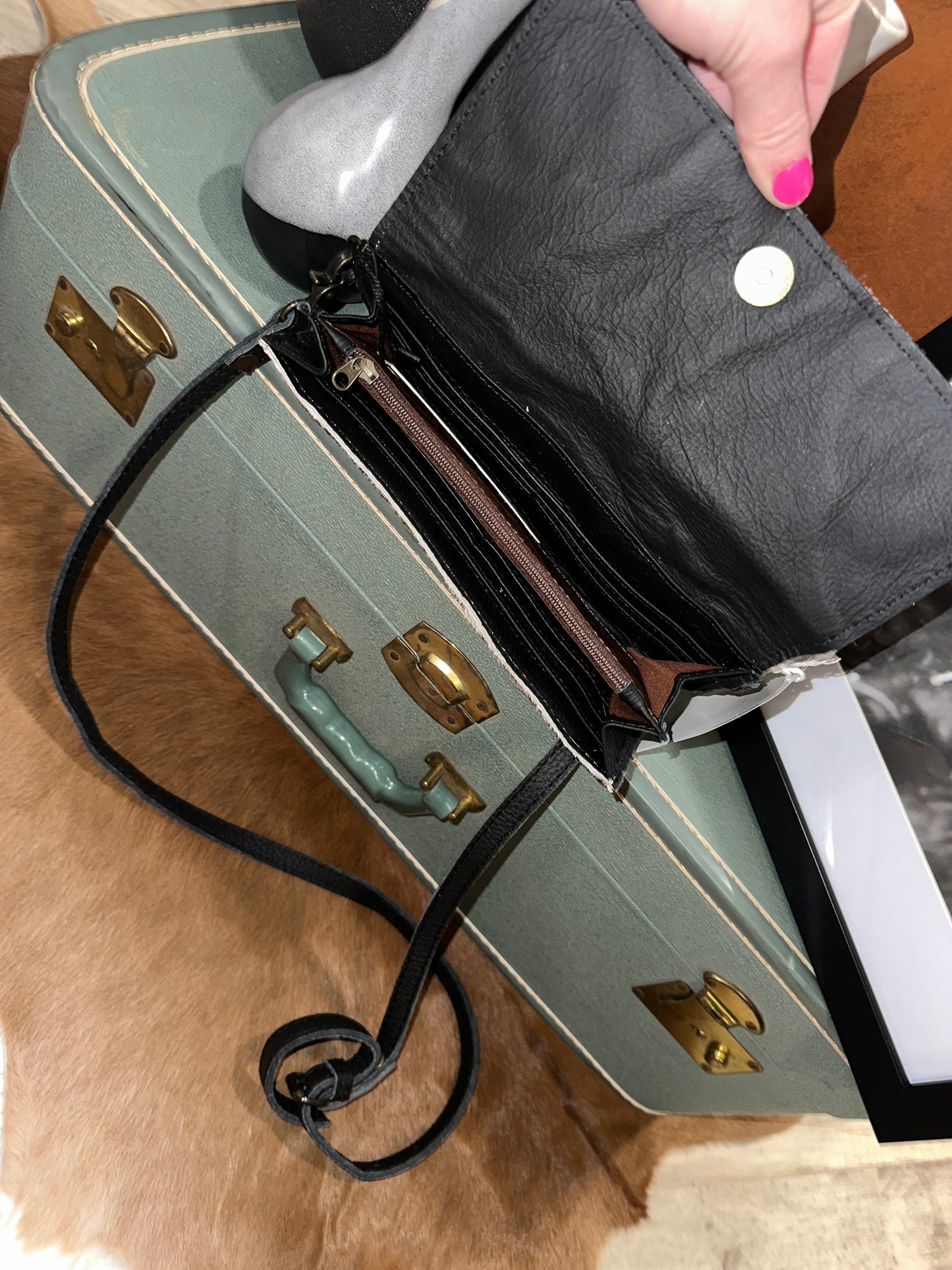 Longhorn Brown and White Cowhide With Tooled Leather Small Crossbody