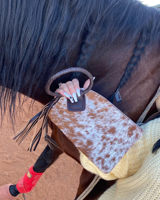 Hot Rodeo Night Clutch in Brown and White Cowhide