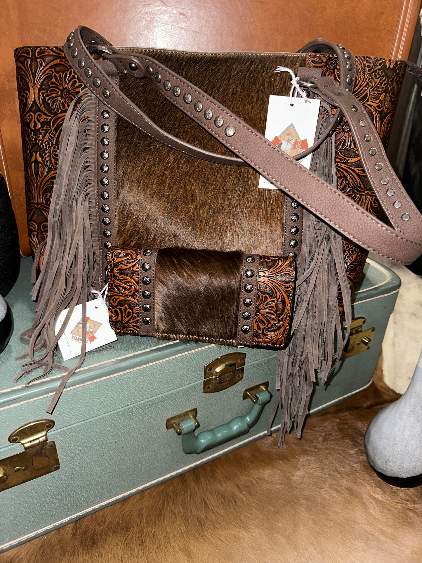 Tooled Leather and Chocolate Hide With Fringe Purse and Wallet Set