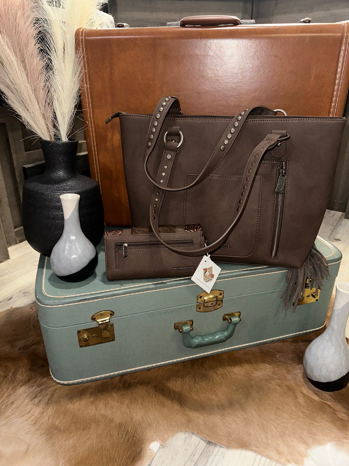 Tooled Leather and Chocolate Hide With Fringe Purse and Wallet Set