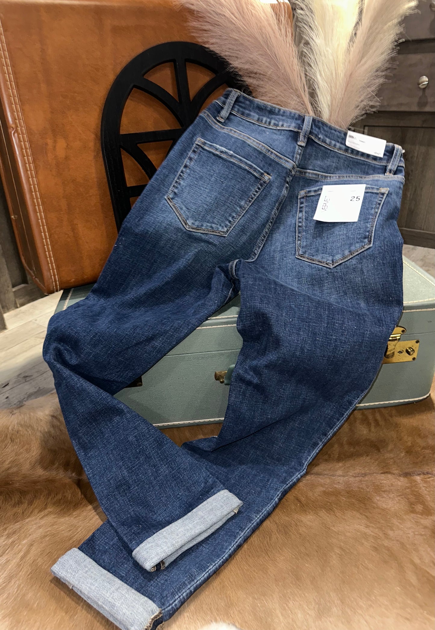 Distressed Roll Up Stretch Mom Jean High Rise