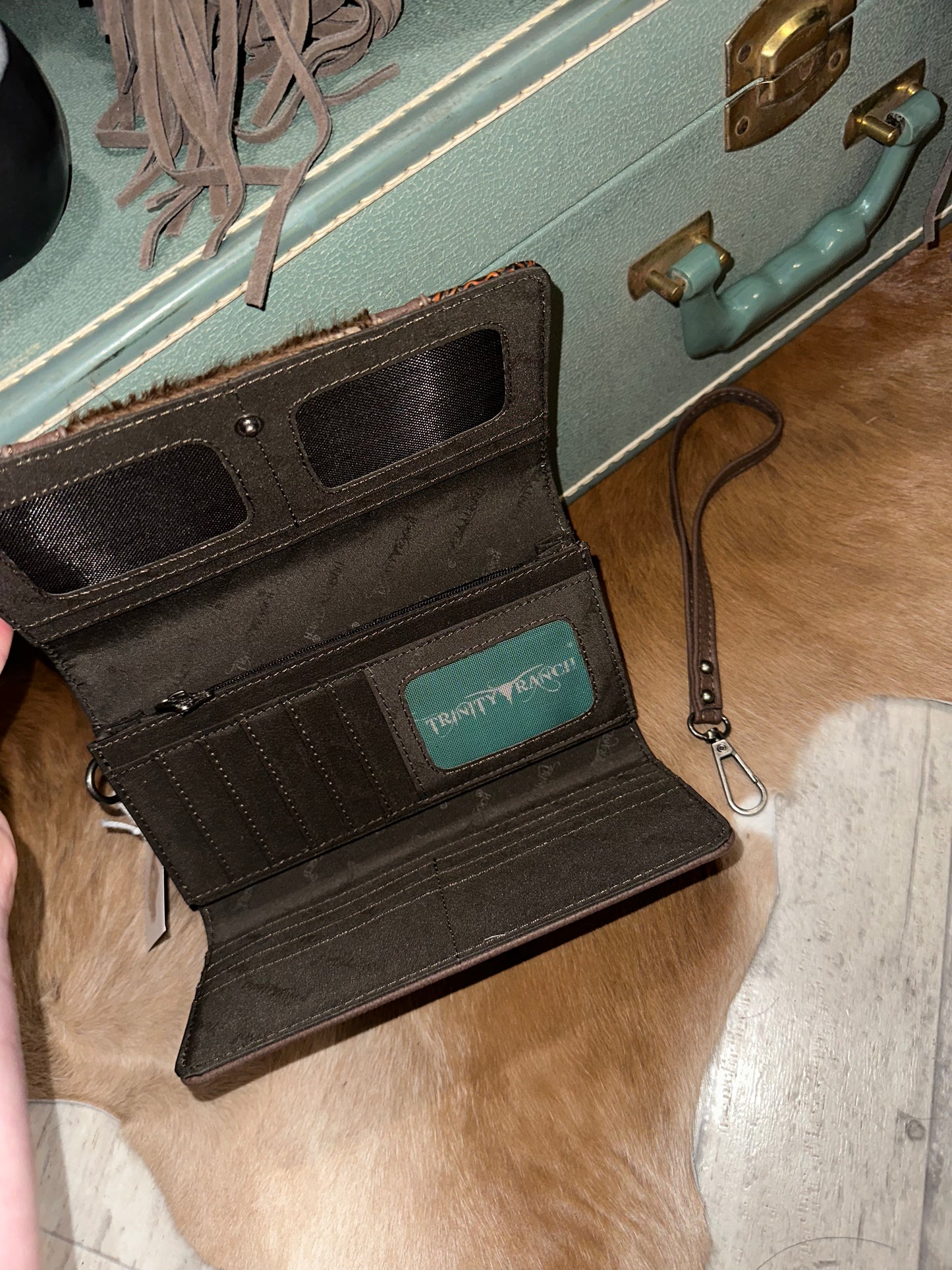 Tooled Leather and Chocolate Hide With Fringe Purse and Wallet Set