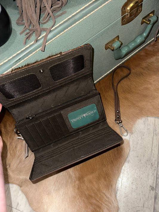 Tooled Leather and Chocolate Hide With Fringe Purse and Wallet Set